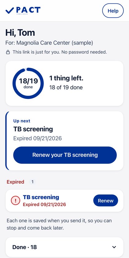 A staff member's phone page from the same sample nursing home: Hi, Tom. 18 of 19 done, 1 thing left. Up next: TB screening, expired 09/21/2026, and a Renew your TB screening button.
