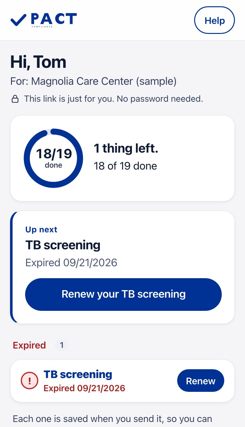 Sample nursing home in the Pact portal. Staff send documents from their phone. Sample data.