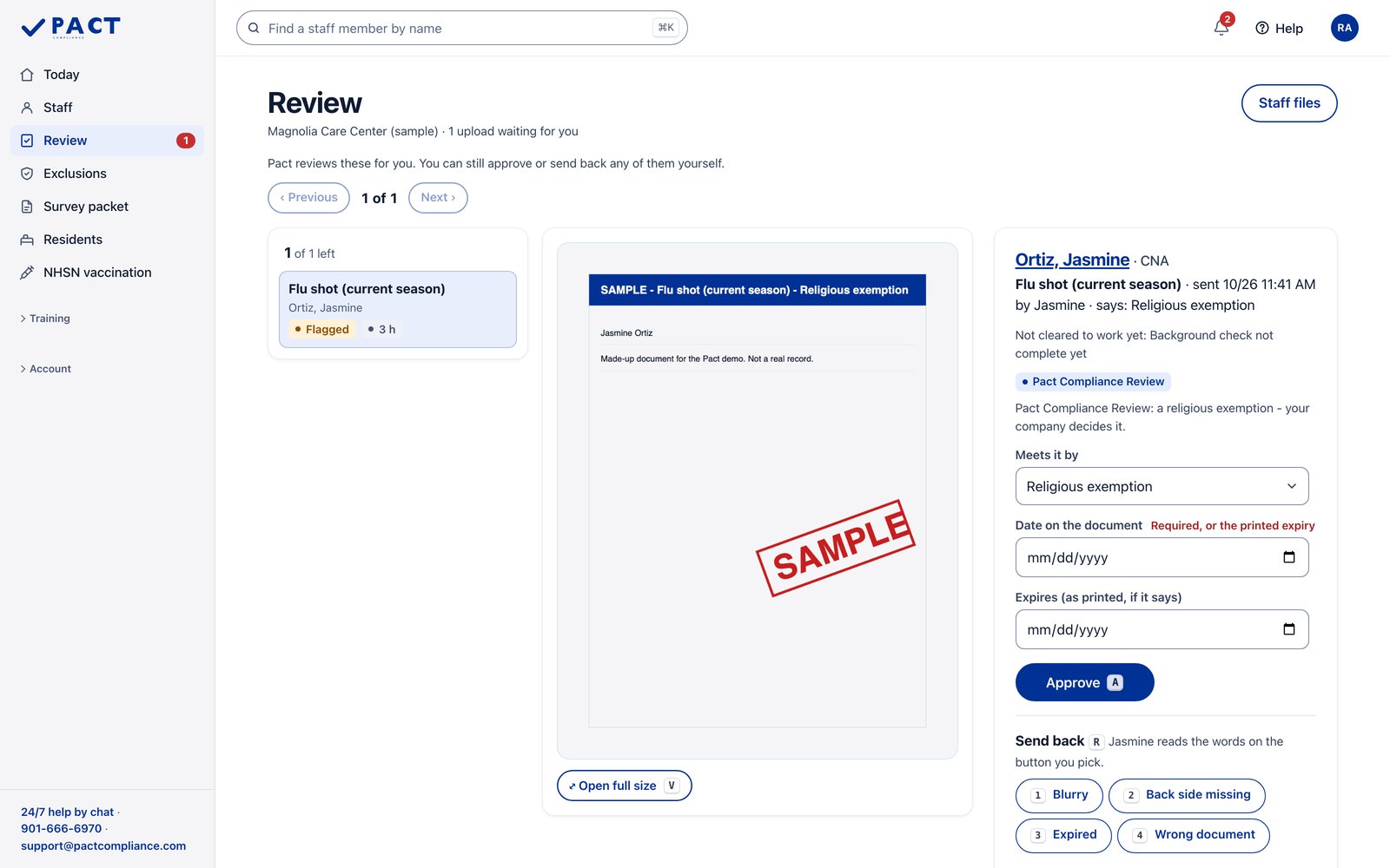Sample nursing home in the Pact portal. Every upload checked for you. Sample data.