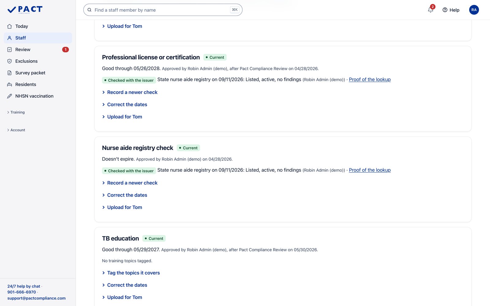 Sample nursing home in the Pact portal. License and registry checks, with proof. Sample data.