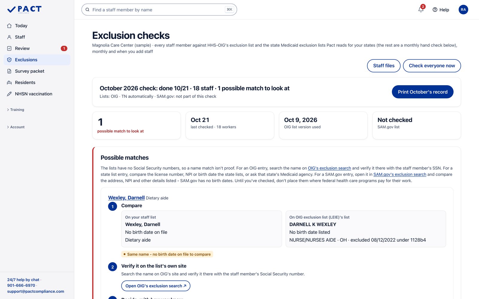 Sample nursing home in the Pact portal. OIG and state exclusion checks every month. Sample data.