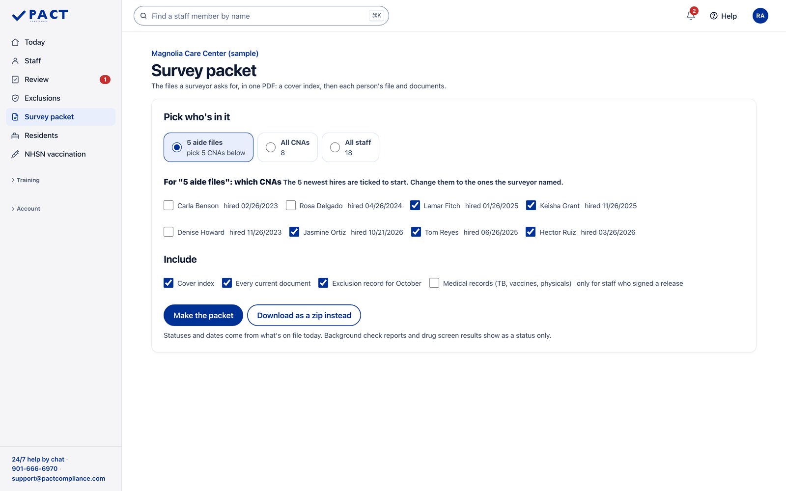 Sample nursing home in the Pact portal. Survey day: one PDF for the surveyor. Sample data.