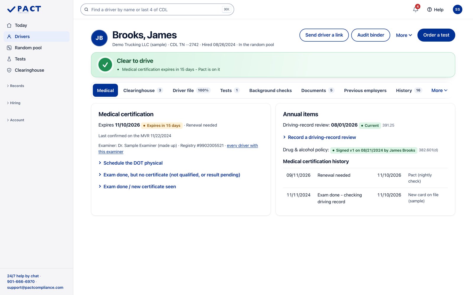Sample trucking company in the Pact portal. Each driver's file in one place. Sample data.