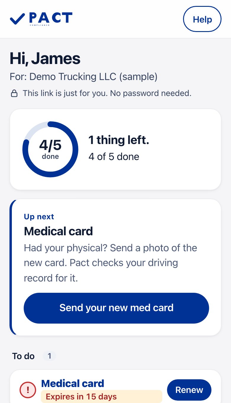 Sample trucking company in the Pact portal. Drivers get their own page. No app.. Sample data.