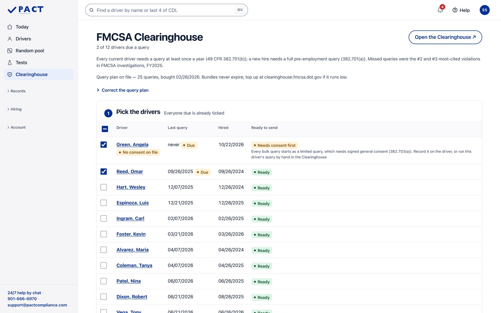 Sample trucking company in the Pact portal. Clearinghouse queries: who's due. Sample data.