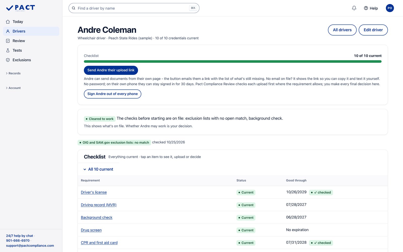 Sample NEMT ride company in the Pact portal. Each driver's file in one place. Sample data.