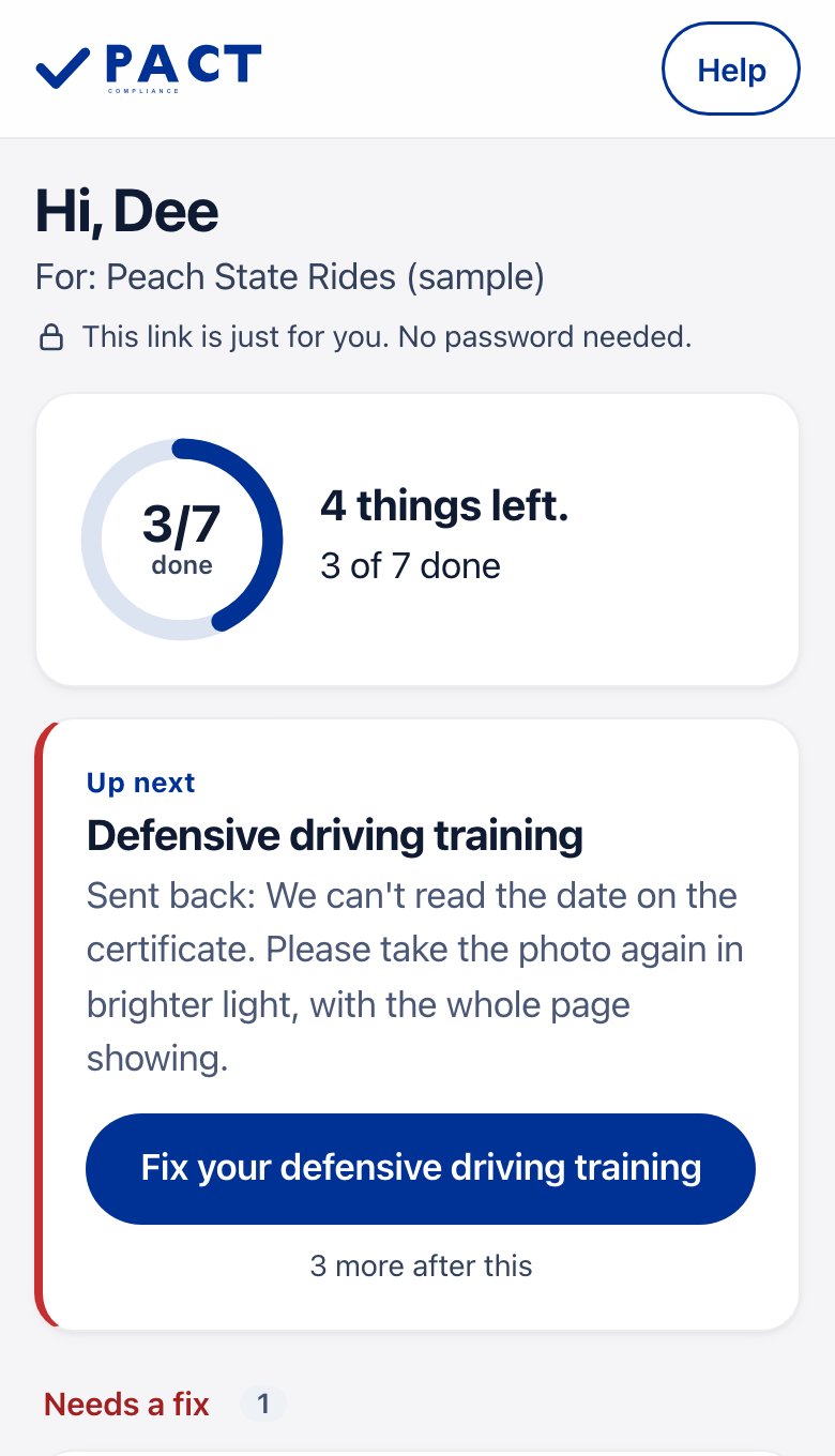 Sample NEMT ride company in the Pact portal. Drivers send documents from their phone. Sample data.