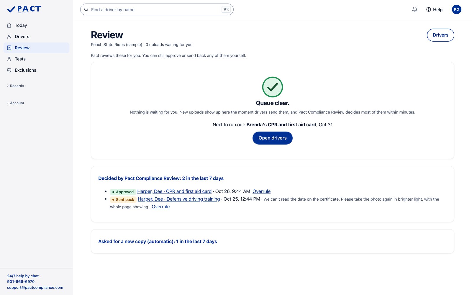 Sample NEMT ride company in the Pact portal. Every driver document checked for you. Sample data.