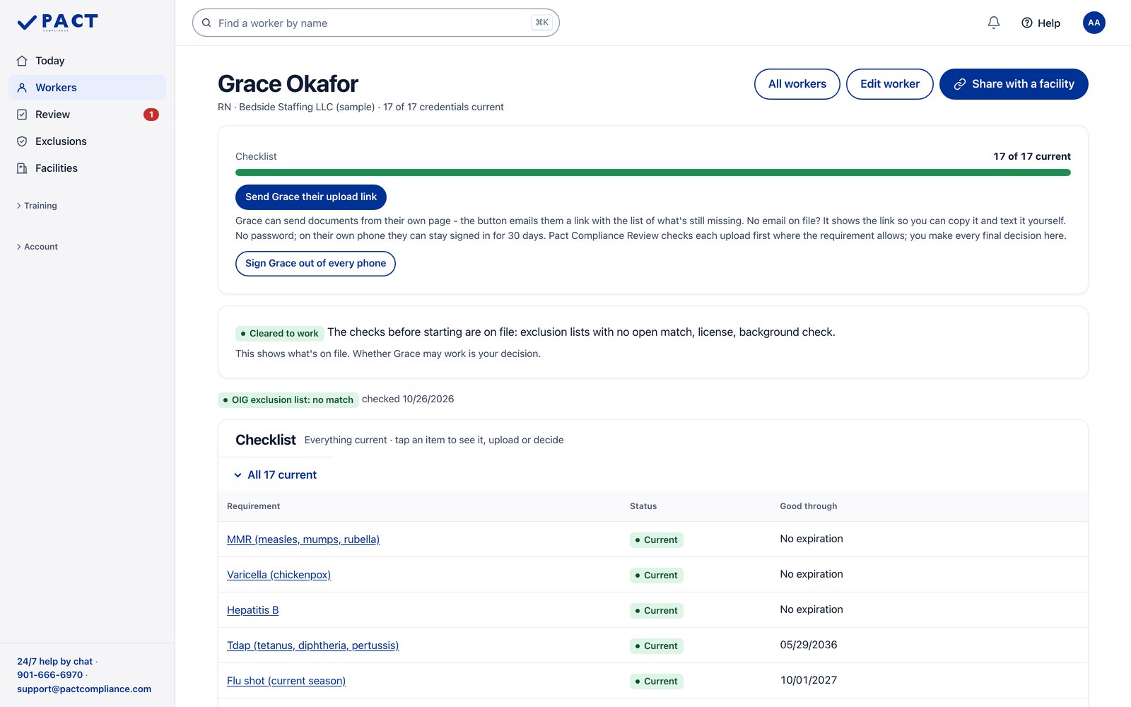 Sample staffing agency in the Pact portal. Each worker's checklist in one place. Sample data.