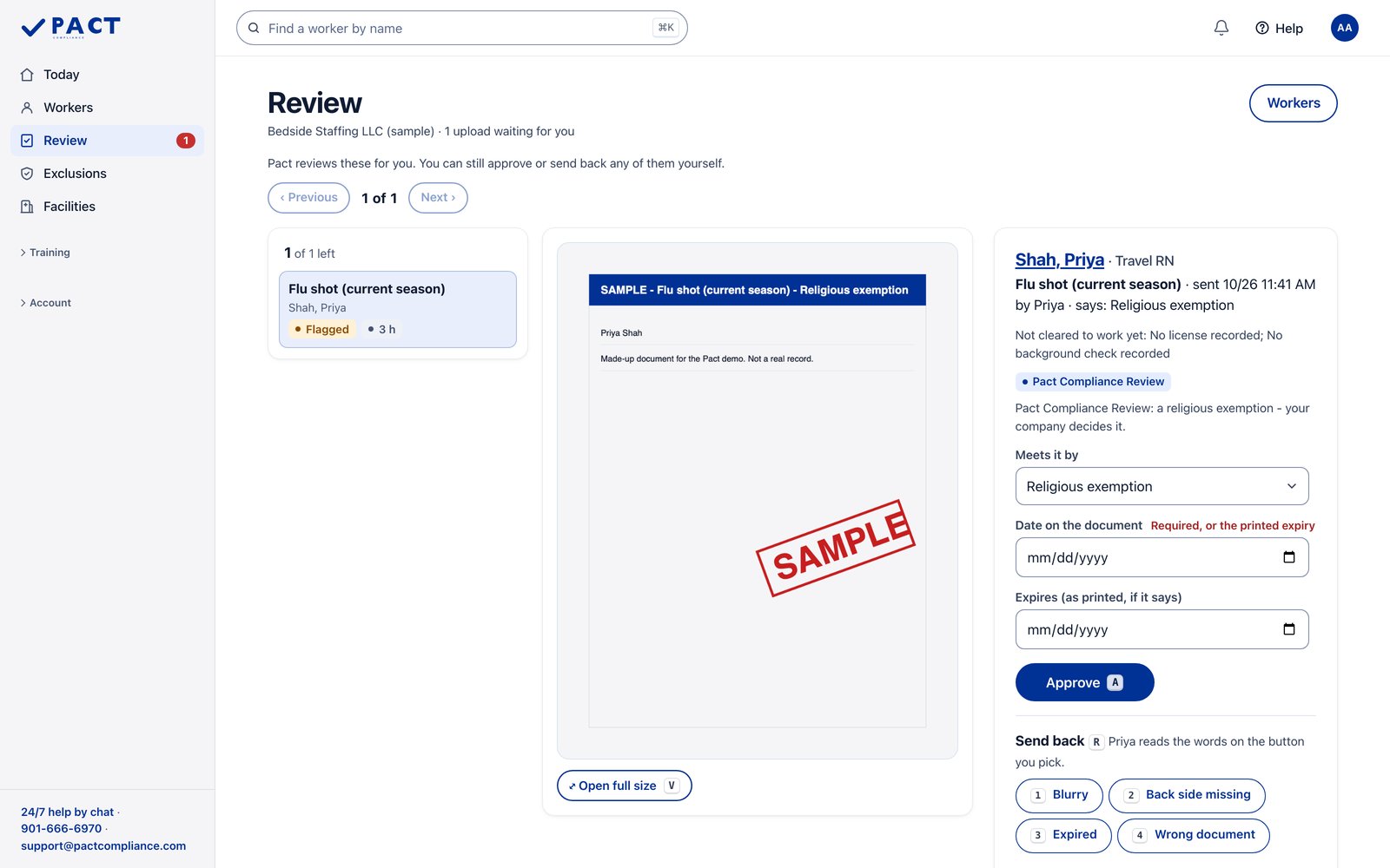 Sample staffing agency in the Pact portal. Every upload checked for you. Sample data.