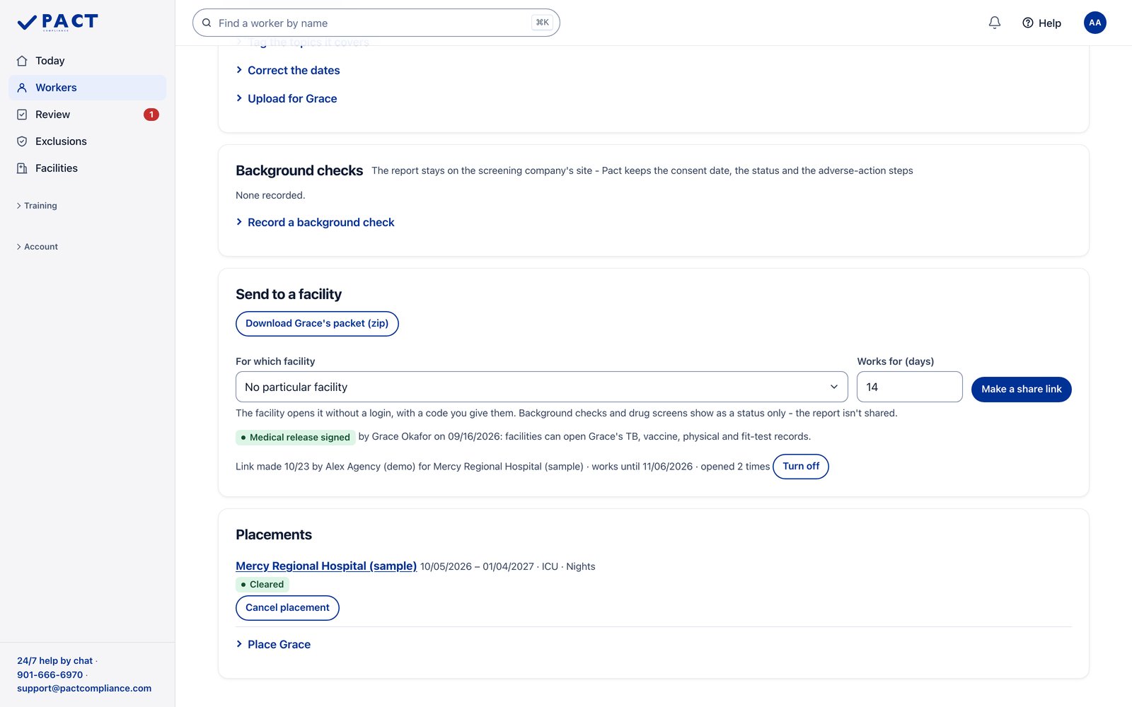 Sample staffing agency in the Pact portal. Send a worker's file to a facility. Sample data.