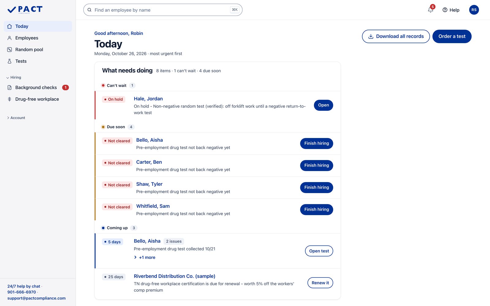 Sample employer in the Pact portal. Today: what needs doing, most urgent first. Sample data.