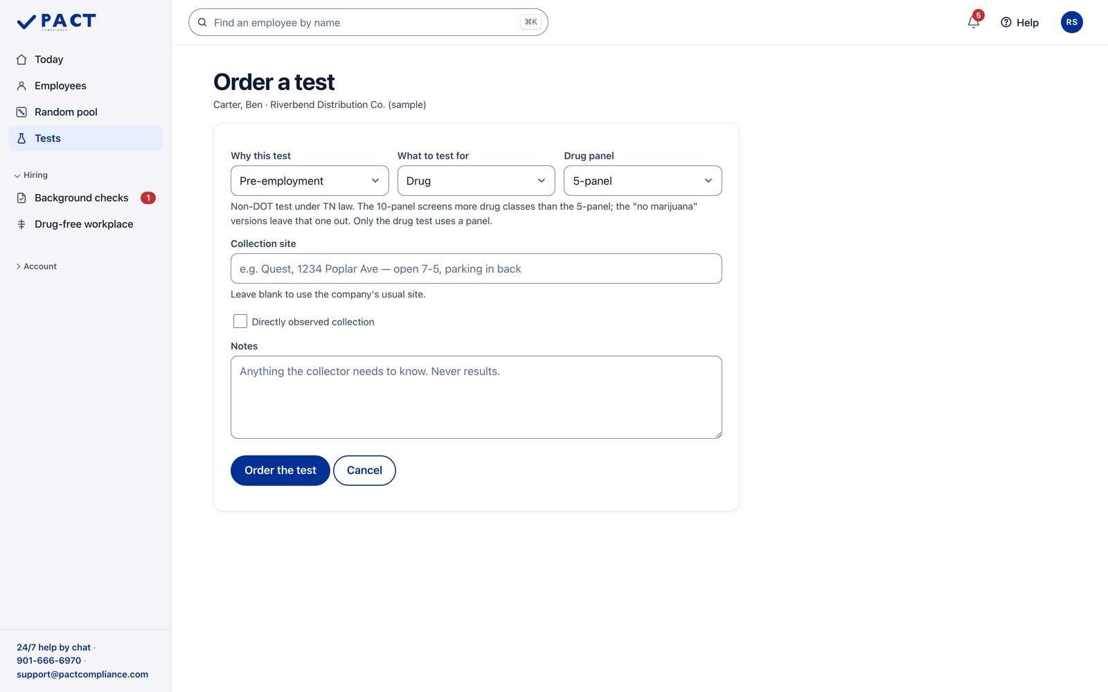 Sample employer in the Pact portal. Order a drug test in a minute. Sample data.