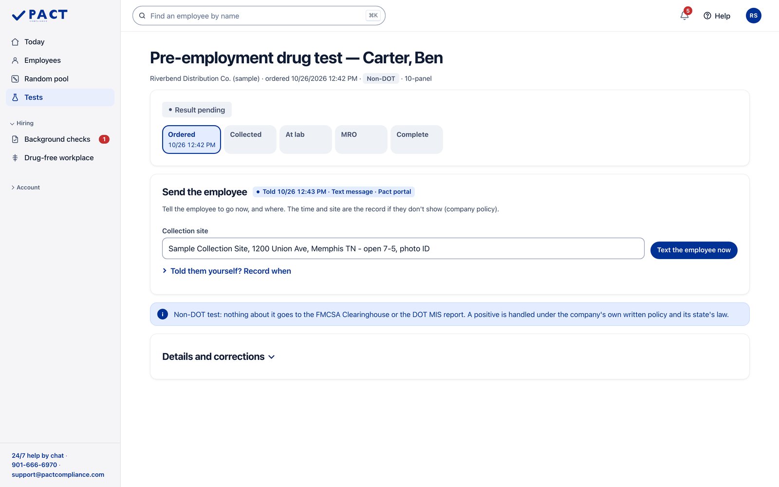 Sample employer in the Pact portal. Every test, from order to result. Sample data.