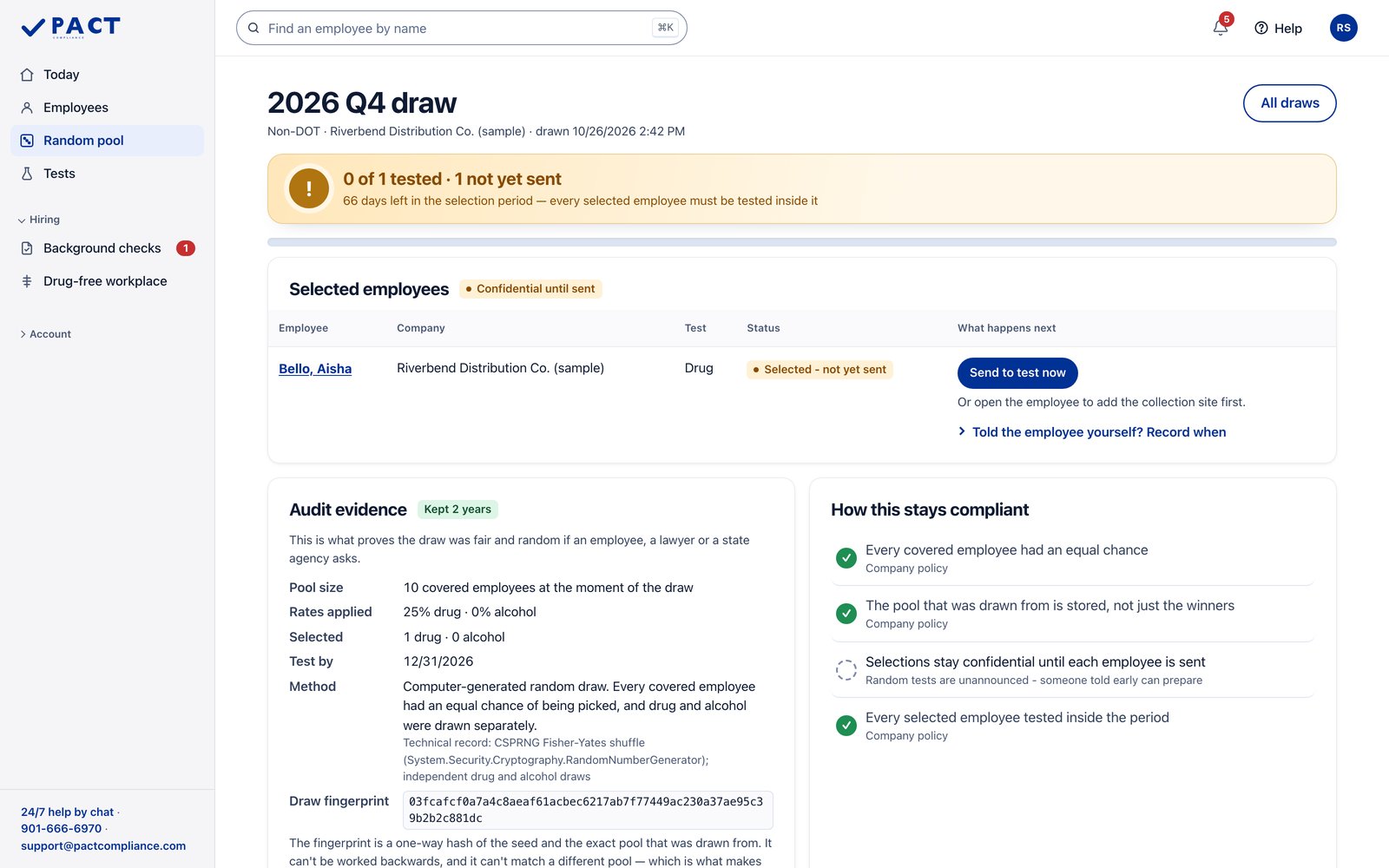 Sample employer in the Pact portal. Random testing, drawn and recorded. Sample data.