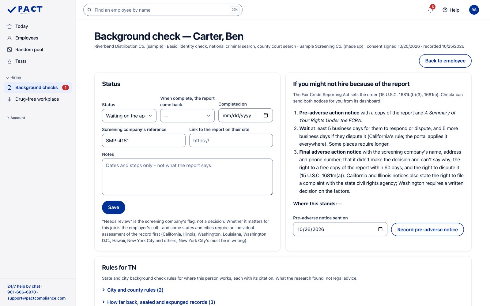Sample employer in the Pact portal. Background checks, step by step. Sample data.
