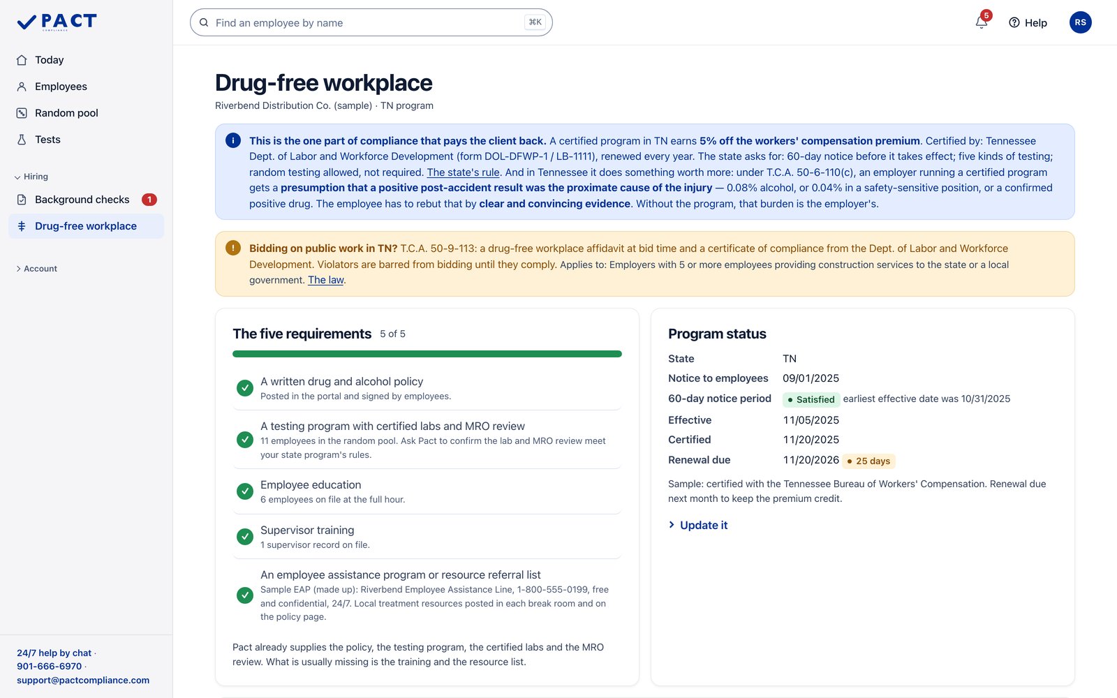 Sample employer in the Pact portal. Your drug-free workplace program. Sample data.